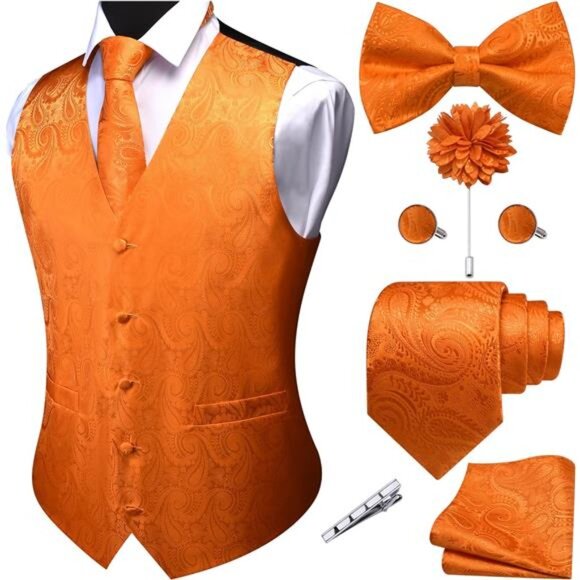 Men's V-Neck Suit Vests 7PCS Orange - Picture 1 of 5
